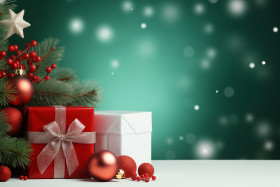Christmas background with space for text and snowman and gifts