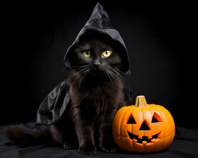 Adorable Black Cat in Halloween Costume with Evil Pumpkins