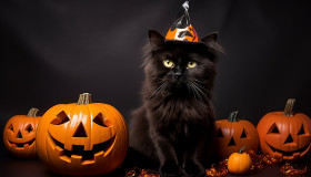 Adorable Black Cat in Halloween Costume with Evil Pumpkins