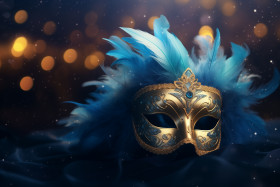 Máscara de carnaval de luxo, foto realista com penas de pó de ouro e efeitos de luz, gerado com IA (14)