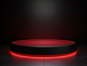 Neon Red light round podium and black background for mock up, Bl