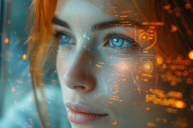 Retrato de uma mulher android futurista com sobreposição de dados de tecnologia avançada (14)