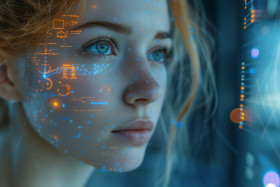 Retrato de uma mulher android futurista com sobreposição de dados de tecnologia avançada (15)